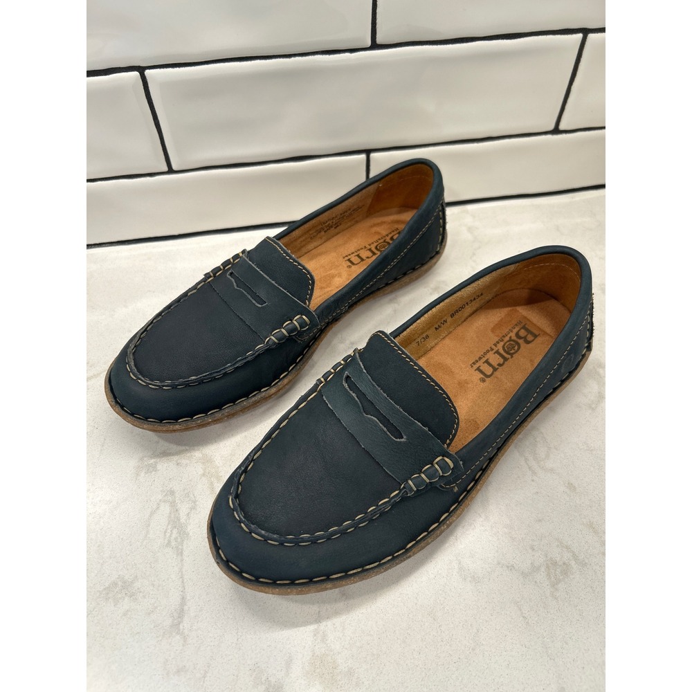 Børn Nerina Penny Loafers Womens 7 Navy Blue Leather Flats BR0013434 Slip On